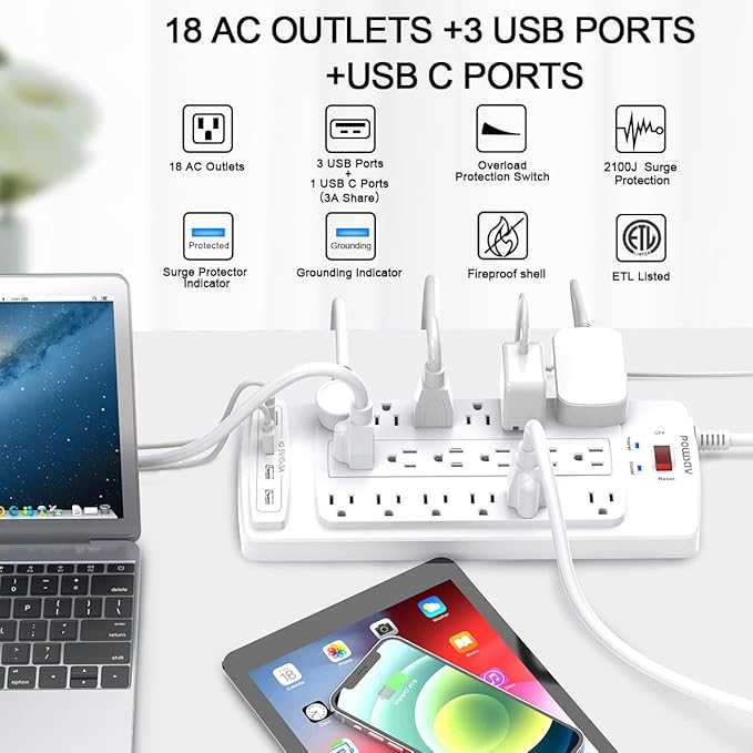 18 Outlets Surge Protector Power Strip - 10 Feet Flat Plug Heavy Duty Extension Cord with 18 Widely Outlets and 4 USB Ports, 2100 Joules, White, ETL Listed-DeskLoop Office