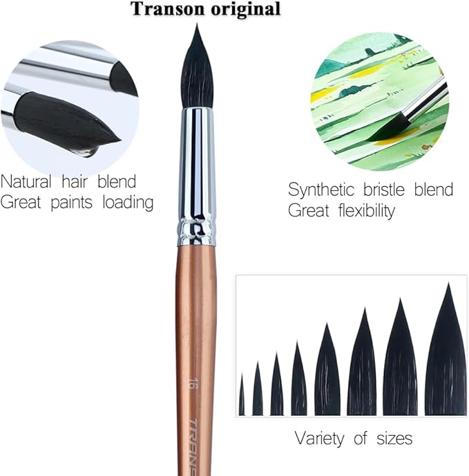 Transon 8pcs Round Watercolor Paint Brush Set Goat Hair for Watercolors,Acrylics,Inks,Gouache,Oil and Tempera-DeskLoop Office
