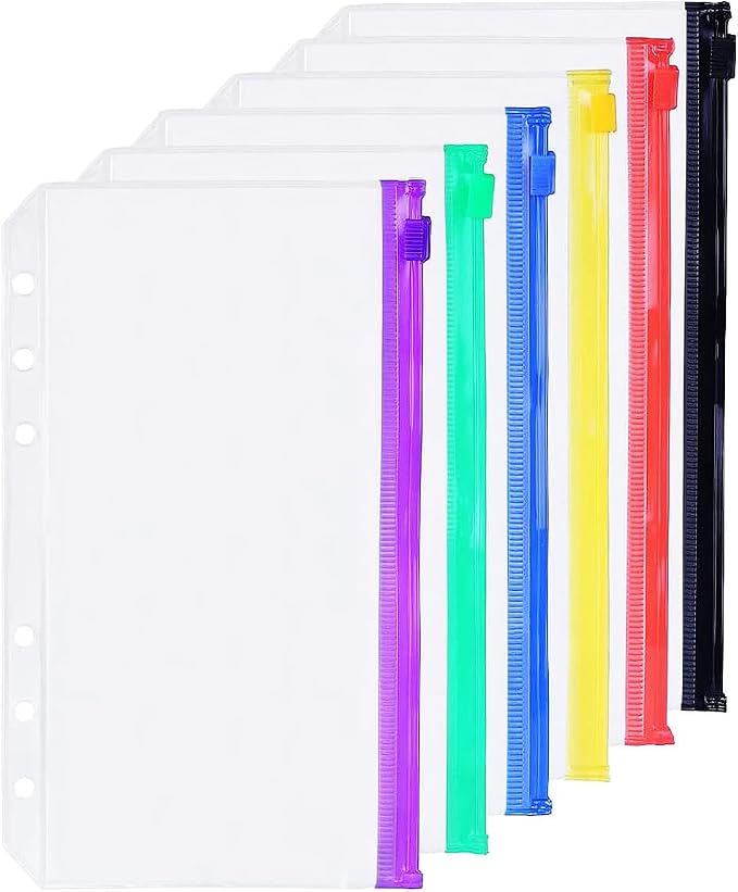 6 Pack A6 6 Holes Plastic Binder Colored Zipper Folders Waterproof Zipper Loose by Zelten