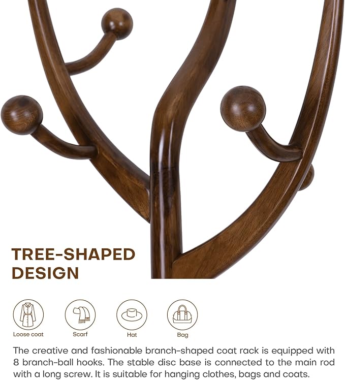 Wood Coat Rack Coat Tree Freestanding with Hooks, Heavy Duty Standing Coat Rack with Solid Round Base, 74” Tree Shaped Coat Hanger Stand for Clothes, Hat, Jacket, Entryway Bedroom, Walnut-DeskLoop Office