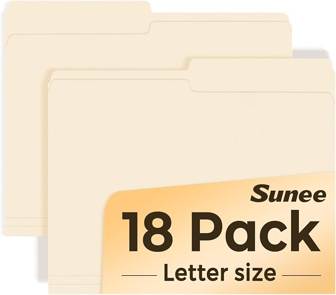 SUNEE File Folders, 18 Pack Manilla Folders 8.5 x 11, 1/2 Cut Tab by SUNEE