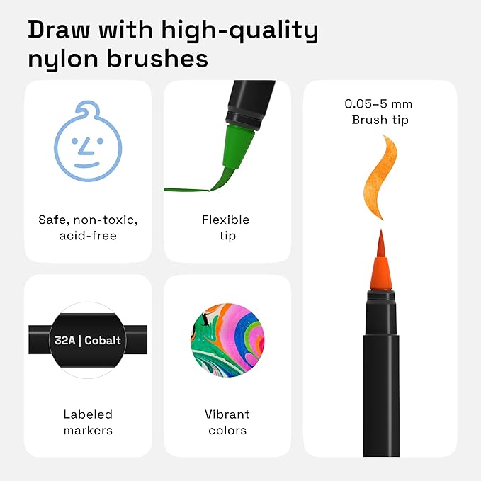 ARTISTRO 24 Watercolor Markers with Flexible Paint Brush Pens for Pros & Beginners - Consistent, Smooth, Bright, Washable, Non-Toxic, Ideal for Coloring, Calligraphy, & Manga-DeskLoop Office