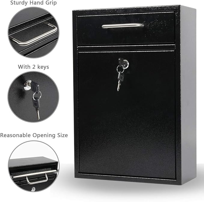 KYODOLED Steel Key Lock Mail Boxes Outdoor, Locking Wall Mount Mailbox, Security Lock Drop Box, Collection Boxes,16.2H x 11.22L x 4.72W Inches, Black X Large-DeskLoop Office