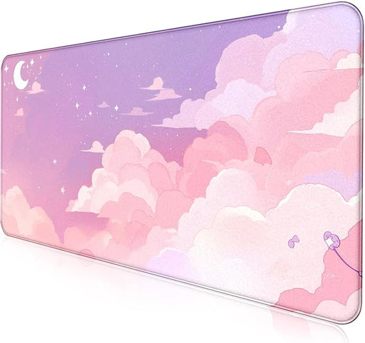 Cute Anime Cloud Desk Mat, Beautiful Pink Stitching Edge Non Slip Rubber Mouse by LQFIWSS