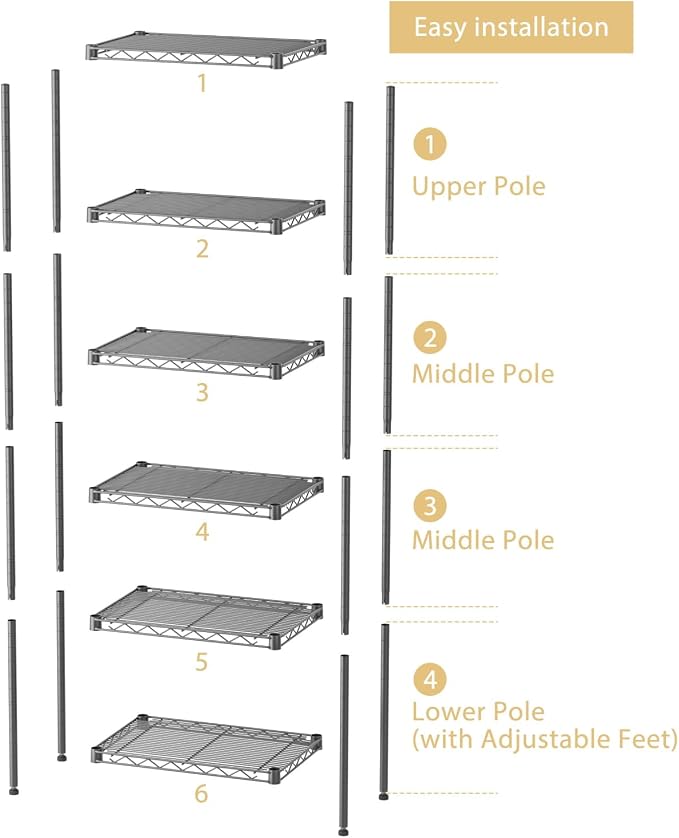 SINGAYE 6 Shelves Bathroom Organizers and Storage Shelf Wire Closet Metal - Image 5