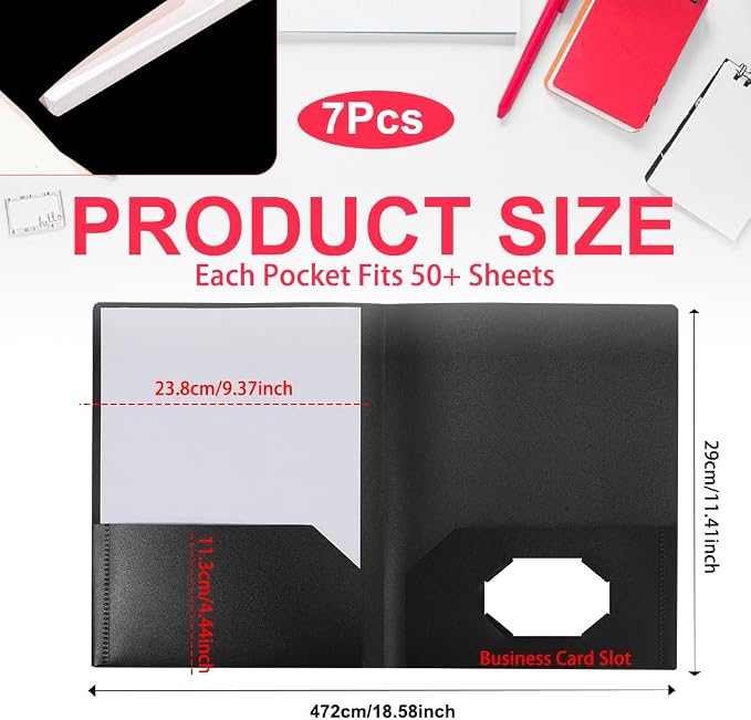Black Folders with Pocket 7 Pack, 2 Pocket Folders, Plastic Folders with Pockets - Image 2