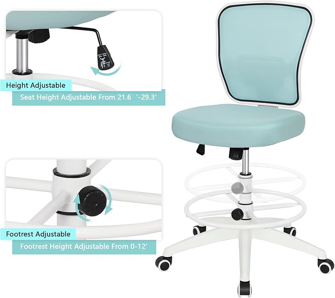 Drafting Chair Adjustable Height Tall Office Chairs Standing Desk Chair Rolling Stool Chair Armless Office Drafting Chair Blue-DeskLoop Office