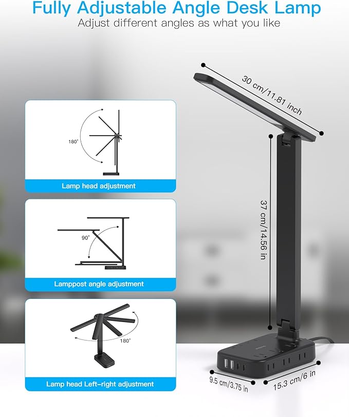 One Beat Desk Lamp with 6 Outlets 4 USB Ports(2×USB-C),Eye Protection Table Lamp Power Strip with 4 Color Modes 5 Brightness Touch LED Desk Lamps for Home Office College Dorm Room Essentials(Black)-DeskLoop Office