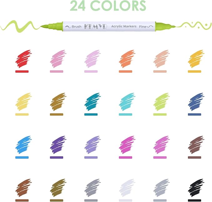 24 Colors Brush & Fine Tip Acrylic Paint Pens, Dual Tip Acrylic Paint Markers for Paper, Wood, Canvas, Stone, Rock, Glass, Fabric, DIY, Ceramic, Art Supplies for Kids and Adults Drawing-DeskLoop Office