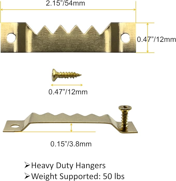 50 Pack Large Sawtooth Picture Hangers Steel Picture Hangers Picture Frames Hangers with Screws Picture Hang Solutions, for Hanging Clock Paintings Artwork Picture Frame Hook Photos (Gold)-DeskLoop Office