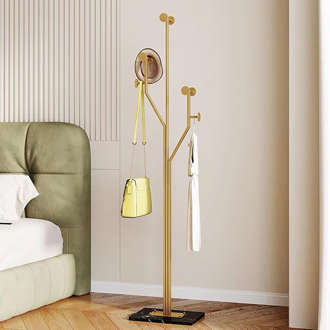 Gold Coat rack,Sturdy coat tree freestanding heavy duty with Marble Base,Metal standing coat rack for Bedroom,Entrance,Modern coat hanger stand for Coats,Hats,Bags(gold)-DeskLoop Office