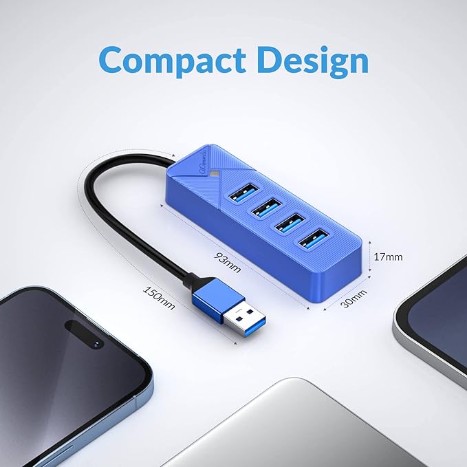 4 Port USB 3.0 Hub, 5Gbps Multi Ports USB Splitter USB Expander for Laptop, Computer, PC, PS4, Xbox, Printer, Keyboard, Mouse, Compatible with Windows, Mac OS, Linux (Blue, 15cm)-DeskLoop Office