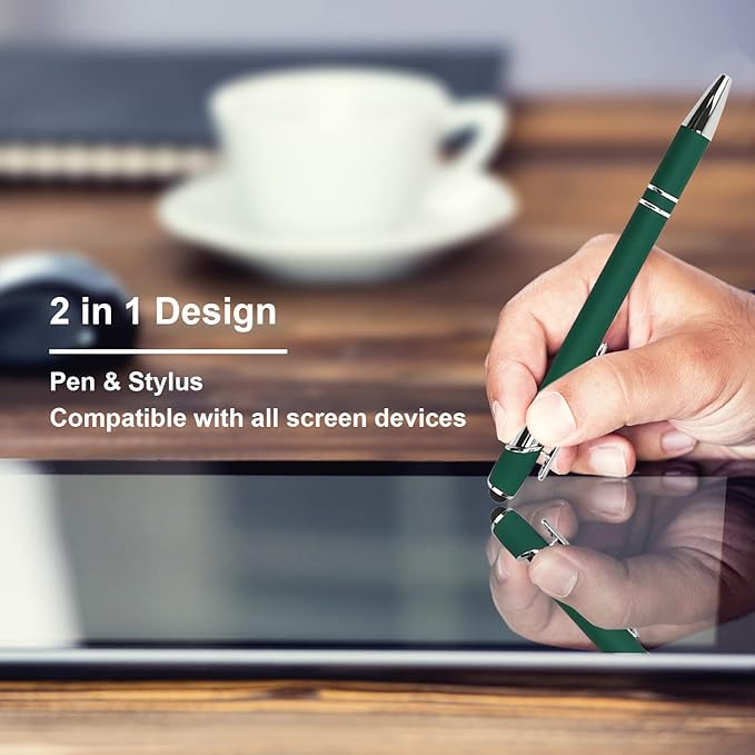 Ballpoint Pen with Stylus Tip, Soft Touch Click Metal Pen, 1.0mm Medium Point, Black Ink, 12 Count(Dark Green)-DeskLoop Office