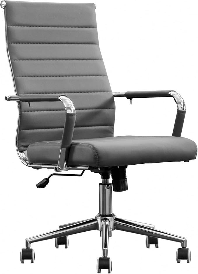 Home Office Chair Ribbed, Modern Leather Conference Waiting Room Chairs,Ergonomic Office Desk Chair, High Back Executive Computer Chair, Adjustable Swivel Chair with Arms (Gray)-DeskLoop Office