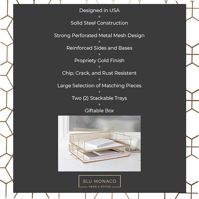 BLU MONACO | Paper Tray Stackable Gold Mesh Set of 2 | Stackable File Trays - Image 3