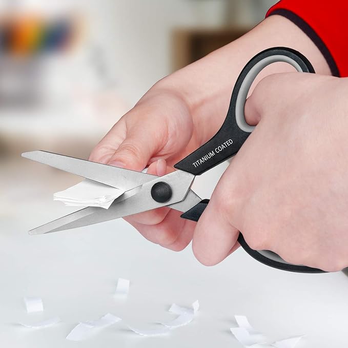 Scissors 8" Multipurpose Titanium Coated Sturdy Sharp Scissors Right/Left Handed Comfort-Grip Handles for Office Home School Sewing Fabric Craft Supplies Black