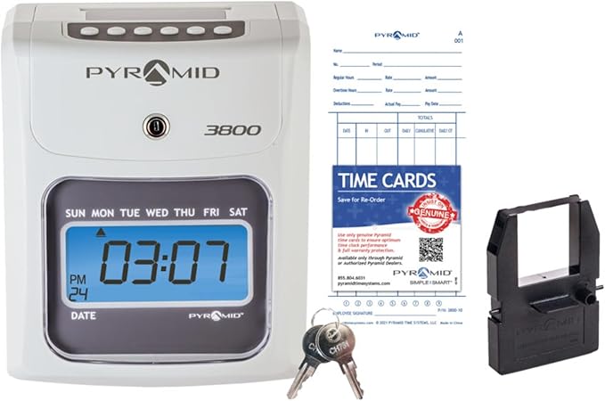 Pyramid Time Systems - Model 3800 Auto Totaling Time Clock, Electronic Time Punch Clock for Small Business, Bundle Includes: 50 Time Cards, 1 Ink Ribbon and 2 Security Keys - Ivory-DeskLoop Office