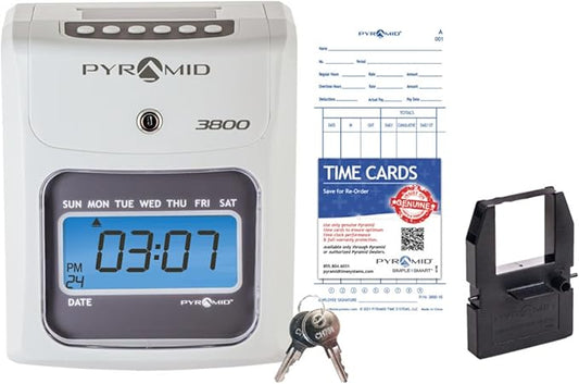 Pyramid Time Systems - Model 3800 Auto Totaling Time Clock, Electronic Time Punch Clock for Small Business, Bundle Includes: 50 Time Cards, 1 Ink Ribbon and 2 Security Keys - Ivory-DeskLoop Office