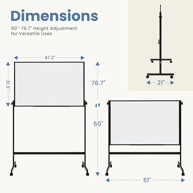 DUMOS Rolling Whiteboard Double Sided 46 x 32 Inches, Magnetic White Board Dry - Image 2
