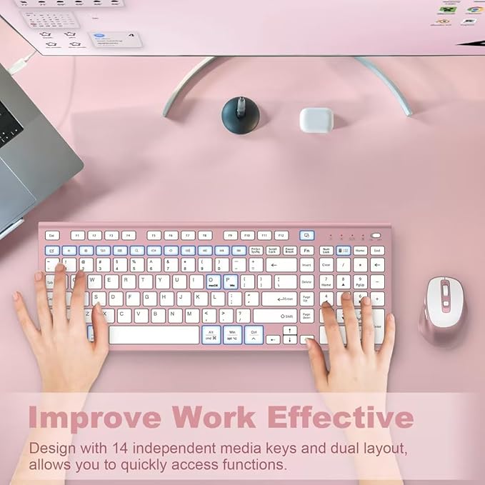 FENIFOX Wireless Keyboard and Mouse, Ergonomic Rechargeable Silent Quiet Slim Compact Full-Size USB C with Number Pad Flat Soft Cover for PC Computer Laptop Mac MacBook iMac Windows - Pink Rose Gold-DeskLoop Office