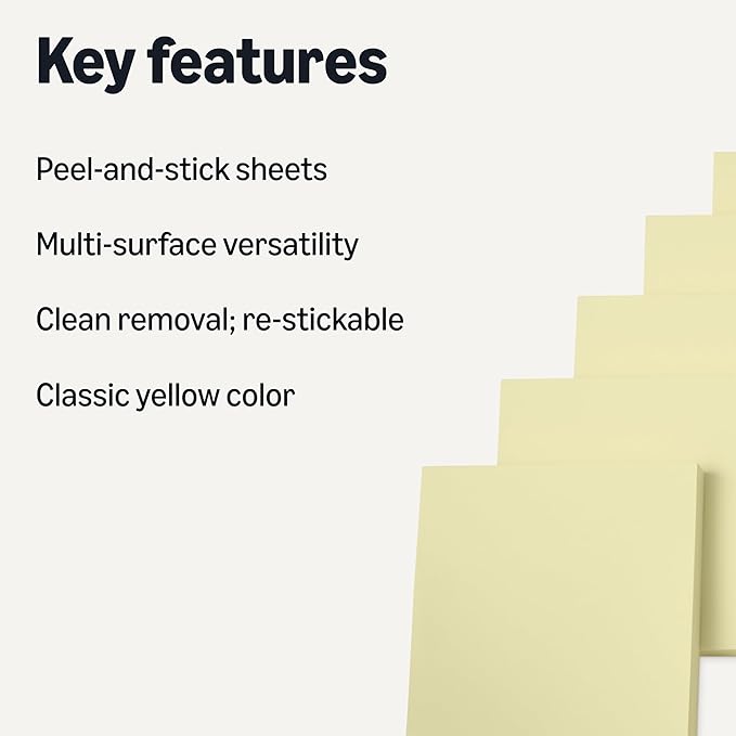 Amazon Basics Square Sticky Notes, Self-Stick Pads, Pack of 5, 3 x 3 inches, Yellow-DeskLoop Office