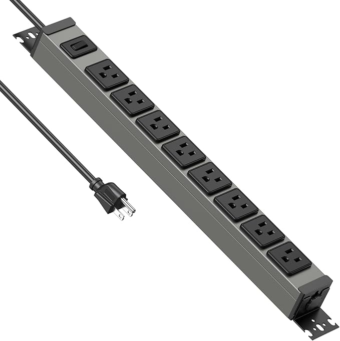 JUNNUJ Heavy Duty Power Strip 8 Outlet Wall Mount, Metal 20 Amp Surge Protector 1200J, Garage Industrial Outlets 6-20R T-Slot, 6FT 12AWG Extension Cord.-DeskLoop Office