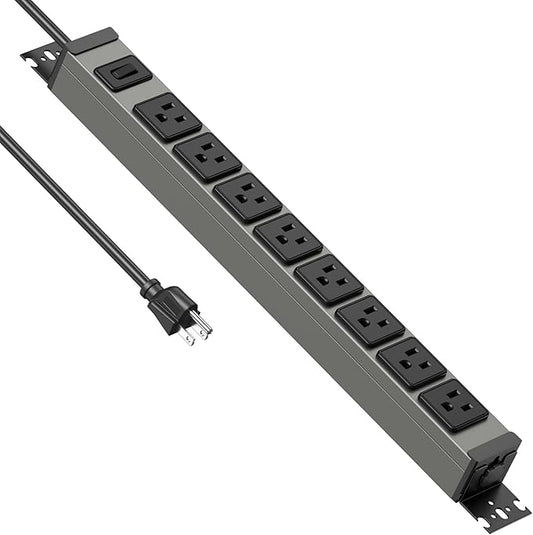JUNNUJ Heavy Duty Power Strip 8 Outlet Wall Mount, Metal 20 Amp Surge Protector 1200J, Garage Industrial Outlets 6-20R T-Slot, 6FT 12AWG Extension Cord.-DeskLoop Office