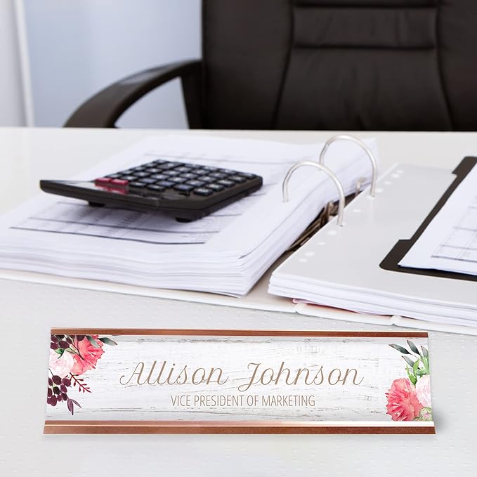 Personalized Rustic Floral Desk Plate / 8" x 2" Desk Sign/Faux Wood Pattern - Image 3