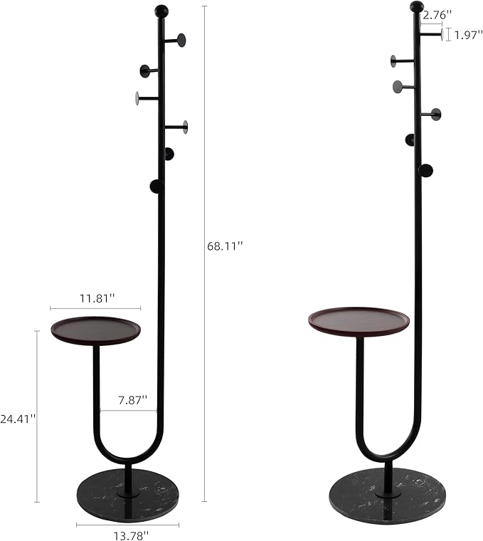 Coat Rack Stand, Metal Coat Tree with Bamboo Tray & 6 Hooks, Heavy Duty Marble Base Corner Coat Stand for Bedroom Hallway Entryway Living Room Office 13.78 x 13.78 x 68.11 Inches (Black)-DeskLoop Office
