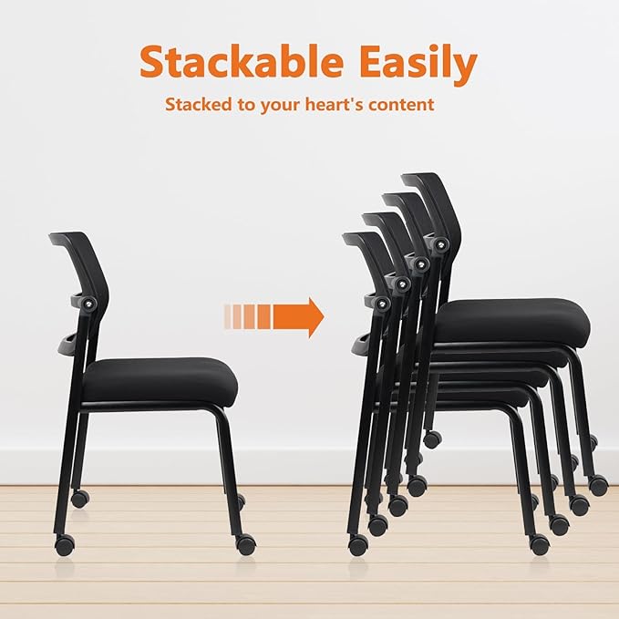 CLATINA Stacking Chairs 8 PK, Adjustable Backrest Stackable Mesh Office Waiting Room Armless Chair with Wheels for Guest Reception Conference Lobby Side School, Black-DeskLoop Office