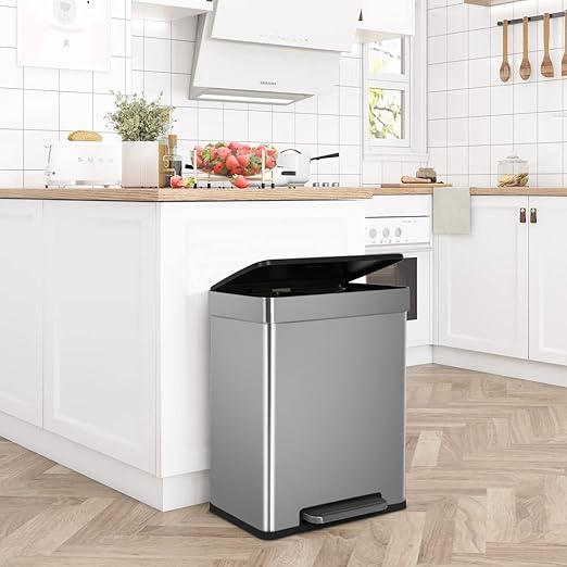 60 Liter Trash Can Soft-Close, Smude Resistant Trash Can with Foot Pedal-Brushed Stainless Steel and Two Independent Drums Waste Bin for Home, Kitchen, Office, Bathroom