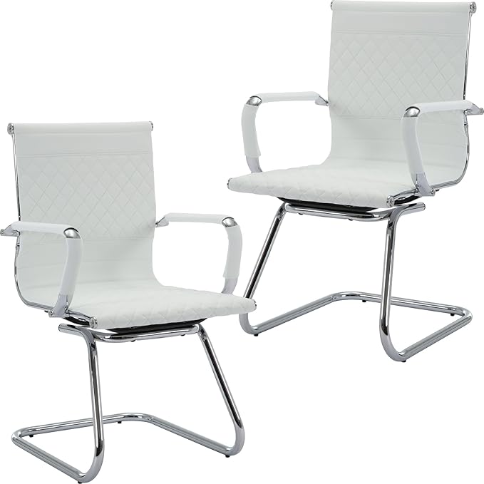 Office Guest Chairs Reception Chairs Waiting Room Chairs Set of 2 Conference Room Chair with Mid Back, Modern PU Leather Desk Chair, White-DeskLoop Office