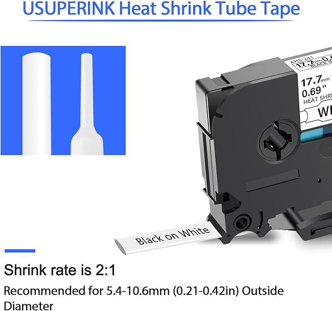 10PK Compatible for Brother Ptouch HSe-241 HSe241 HS-241 HS241 Black on White Heat Shrink Tube Label Tape use in PT-D400 PT-D600 PT-E300 PT-E500 PT-P750WVP Printer (0.69''x 4.92ft)-DeskLoop Office