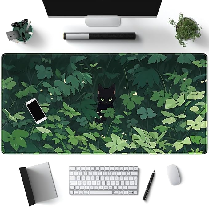 Black Cat Anime Desk Gaming Mat, XL Green & Large, 31.5x15.8in, by Mechanical+Cattle