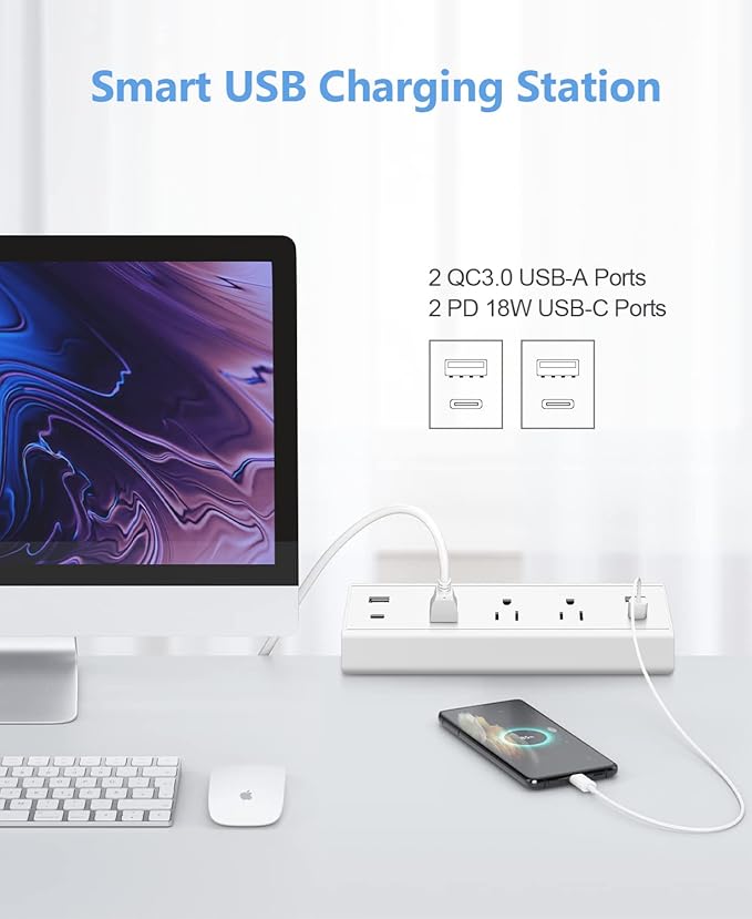 Jgstkcity Desk Clamp Power Strip,40W Total Fast Charging Station,2 PD 20W USB C Ports,Desk Edge Mount Surge Protector for Home, Office,3 Outlets,Fit 1.96" Tabletop Edge,ETL Listed,White-DeskLoop Office