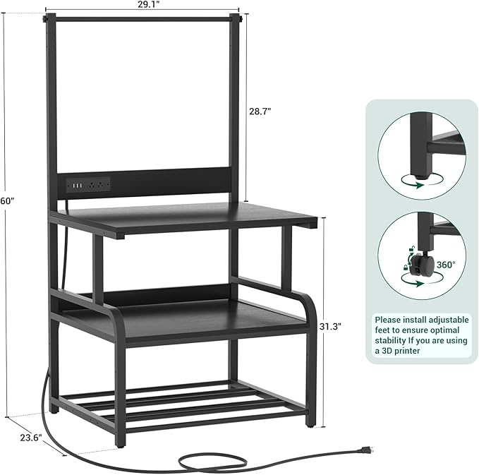 Homieasy Printer Stand with Charging Station, 29.1" x 22.8" Large 3D Printer Table with Filament Storage, Heavy Duty Rolling Printer Cart with 4-Tier Storage for Workshop/Office/Garage, Black-DeskLoop Office