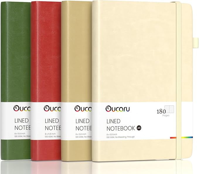 Oucaru Lined Journal Notebook, 4 Pack, 180 Pages, A5 Journals by Oucaru