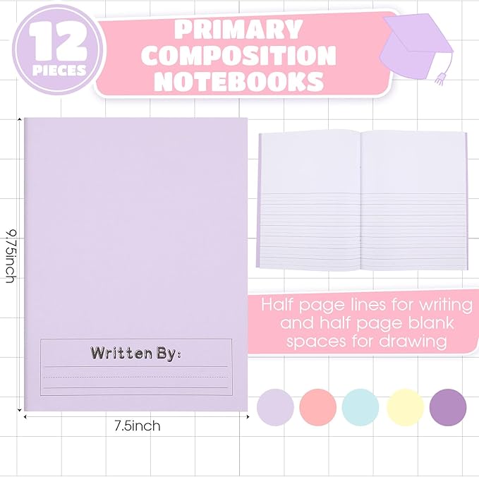 Henoyso 12 Pcs Primary Composition Notebook K-2 9 3/4 x 7 1/2 Inch Primary Journal, Back to School Supplies, Bulk Blank Writing Book for Kid to Write Draw Journal 60 Page Notebooks (Soft Color)-DeskLoop Office