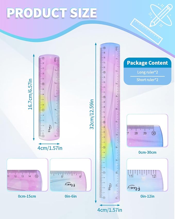 4 Pack Flexible Ruler Set, 12 Inch & 6 Inch Bendable Rulers - Image 2