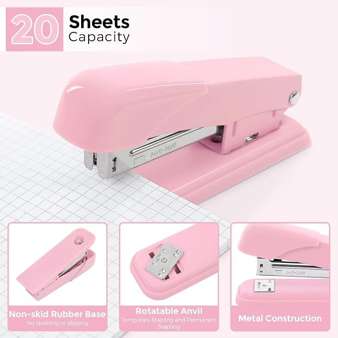 SKYDUE Pink Office Desk Accessories, Tape Dispenser, Clips and 1000pcs Staples - Image 4