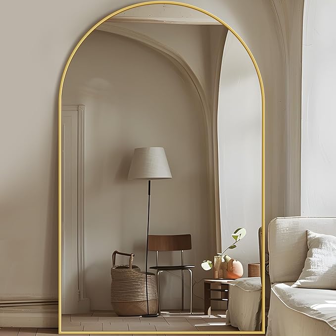 Full Length Mirror, 76"x44" Oversized Floor Mirror Freestanding, Full Body Mirror Floor Standing Mirrors with Stand, Hanging Mounted Mirrors for Bedroom Living Room, Gold, Arched Style-DeskLoop Office