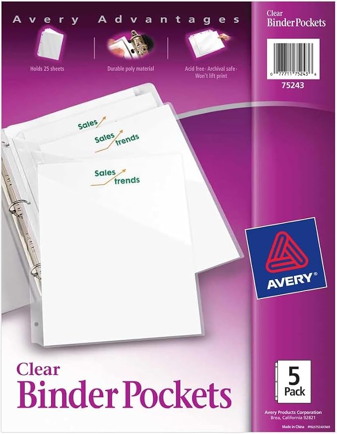 Avery Binder Pockets for 3 Ring Binders, for 8.5" x 11" Documents, Acid-Free by Avery