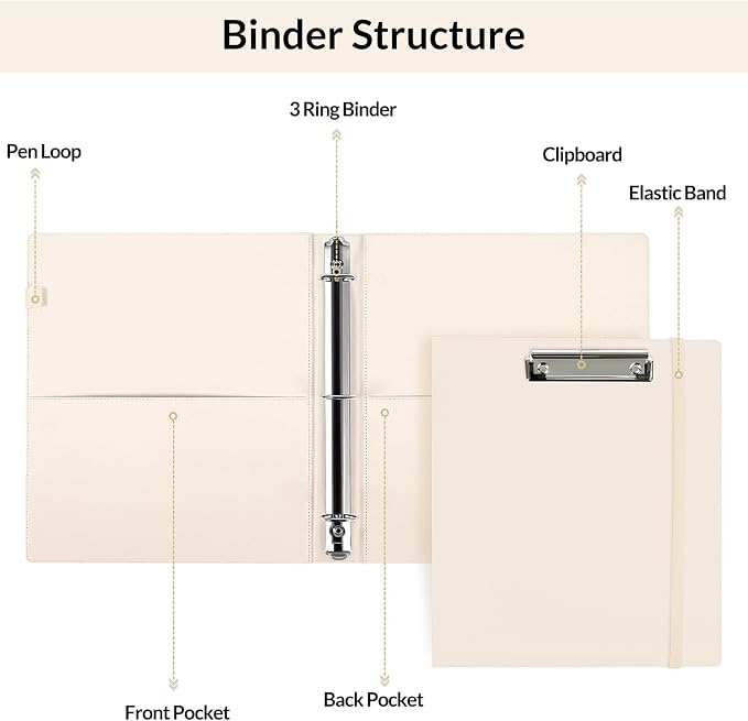 SKYDUE 3 Ring Binder with Clipboard, 1 Inch Binder, 13.2" × 10.2" PU Clipboard - Image 6