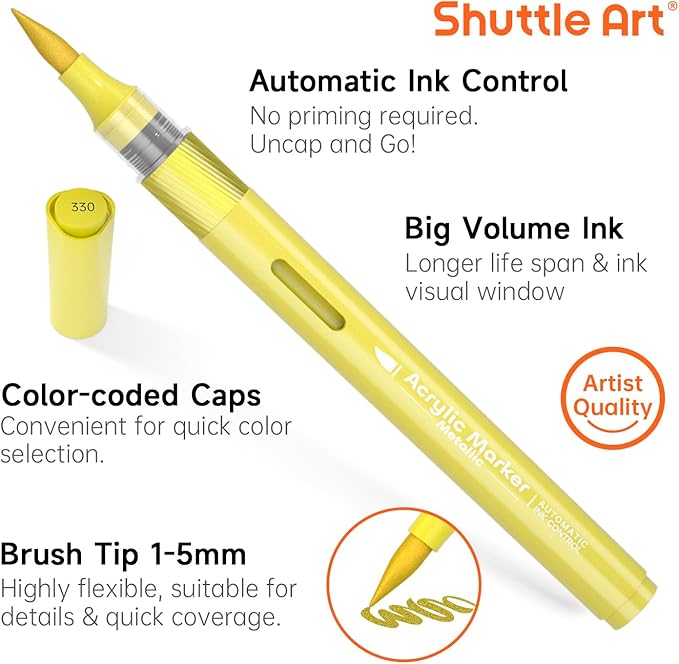 Automatic Ink Control Acrylic Paint Markers, Shuttle Art 24 Metallic Colors Brush Tip Acrylic Paint Pens for Rock Painting, Ceramic, Wood, Canvas, Glass, Stone, Fabric, Card Making, DIY & Art Supplies-DeskLoop Office