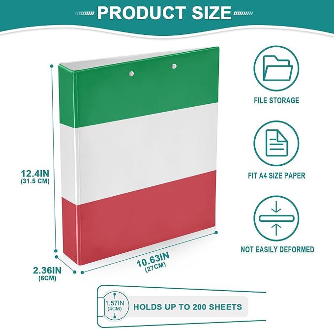 Italian Flag 3-Ring Binder, 1.5 Inch D-Ring Organizer Folder Clipboard Binder - Image 5