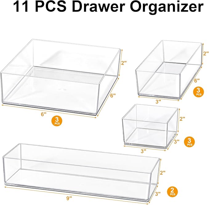 Stackable Acrylic Drawer Organizer Set, 11 PCS Multi-Size Storage Bins for Makeup, Office Desk, Bathroom, Vanity and Kitchen Utensils-DeskLoop Office