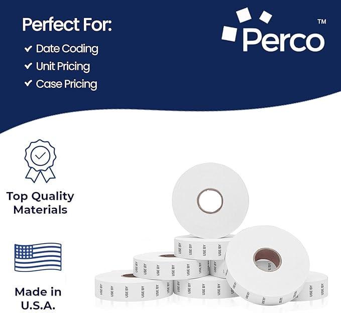 Perco USE by Labels for Monarch 1136 Price Gun - 8 Rolls, 14,000 Marking Labels - with Bonus Ink Roll Included-DeskLoop Office