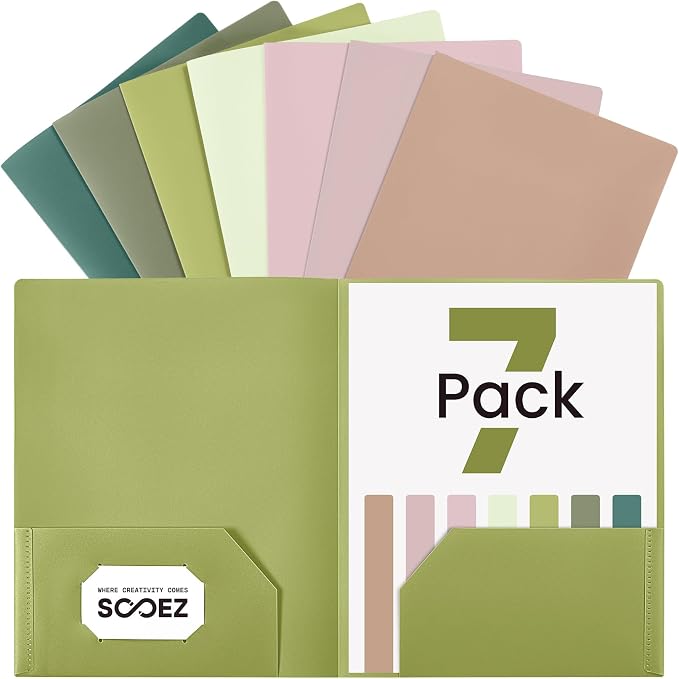 Sooez 7 Pack Folders with Pockets, 2 Pocket Folders with Extra Labels, Plastic by Sooez