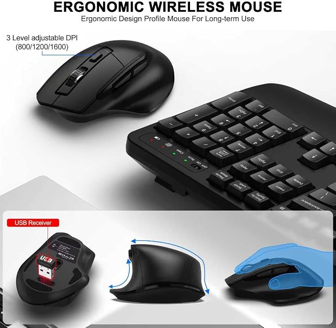 Wireless Keyboard and Mouse Combo, 2.4G Full Size Wave Keys Ergonomic Keyboard - Image 4