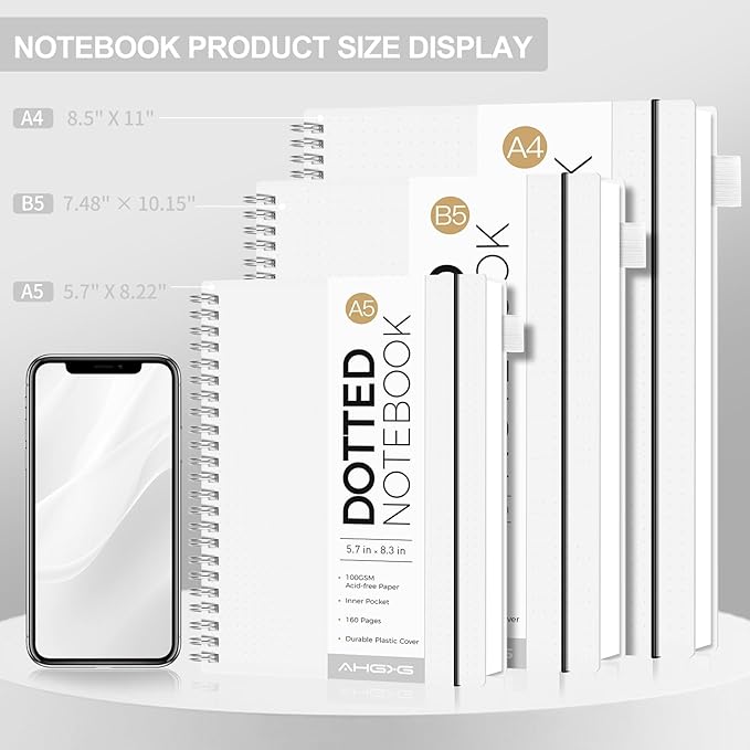 AHGXG Bullet Dotted Journal - Dot Grid Spiral Notebook A5, 160 Pages, 100 GSM Thick Paper, Waterproof Plastic Cover Journals for Bullet Journaling, Sketching, 5.7" x 8.3", Transparent-DeskLoop Office